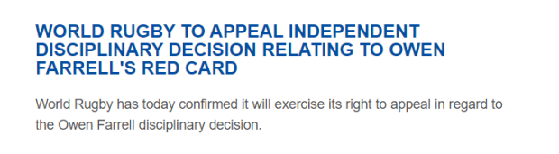 CONFIRMED: World Rugby to appeal Farrell's ruling