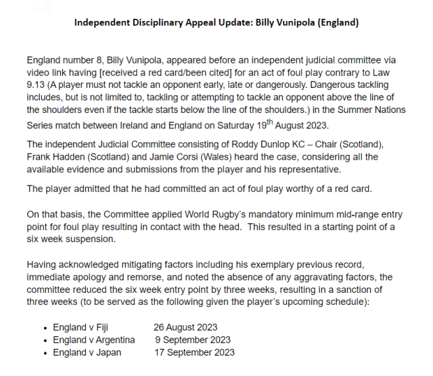 No escape as England's Billy learns his fate after red card