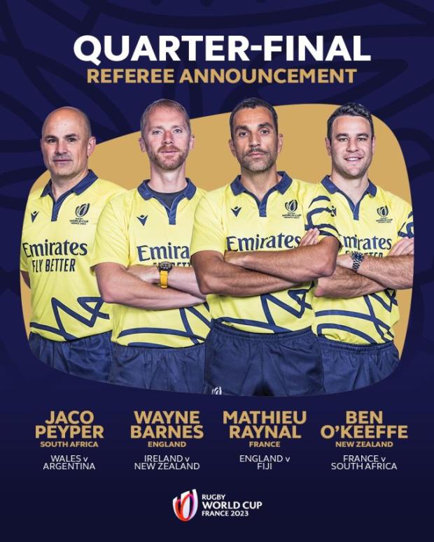 World Rugby reveals match officials for RWC quarterfinals