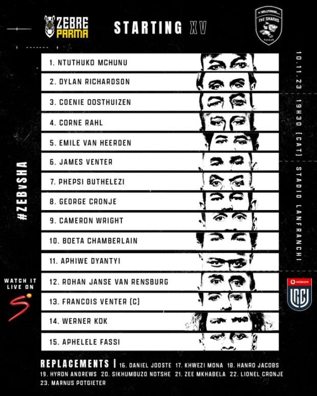 Sharks team to play Zebre 