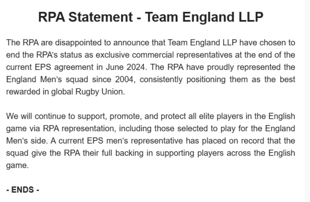 England part ways with RPA after 20 years