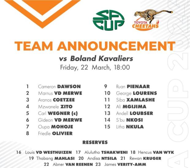 Cheetahs team to play Boland