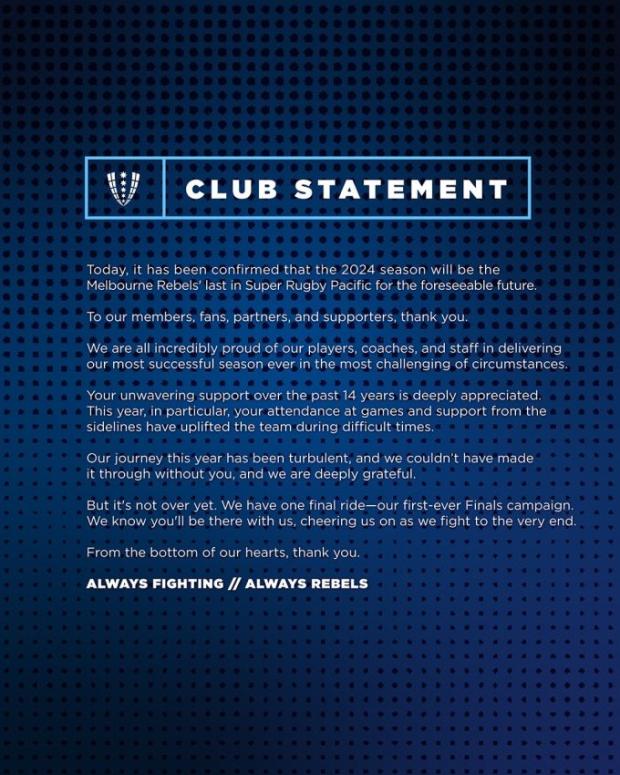 Melbourne Rebels club statement 2024