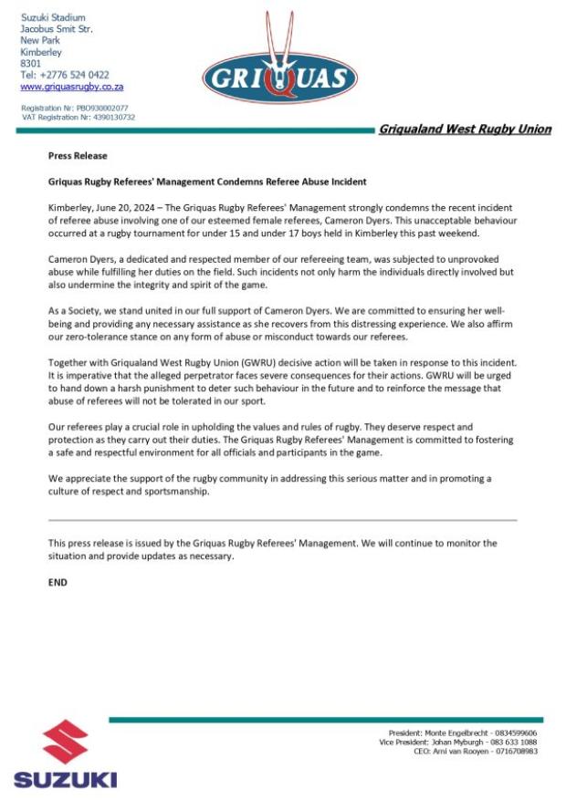 Griquas to take action after referee abuse
