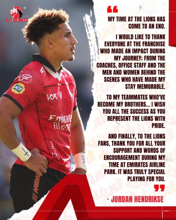 Lions statement on Jordan Hendrikse