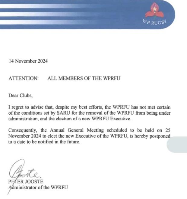 Notice of postponement of WPRFU meeting