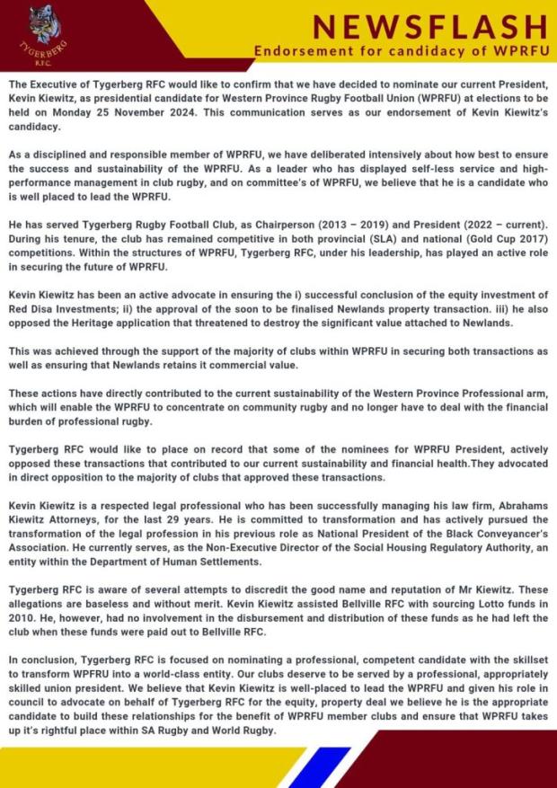 Tygerberg letter for Kiewitz