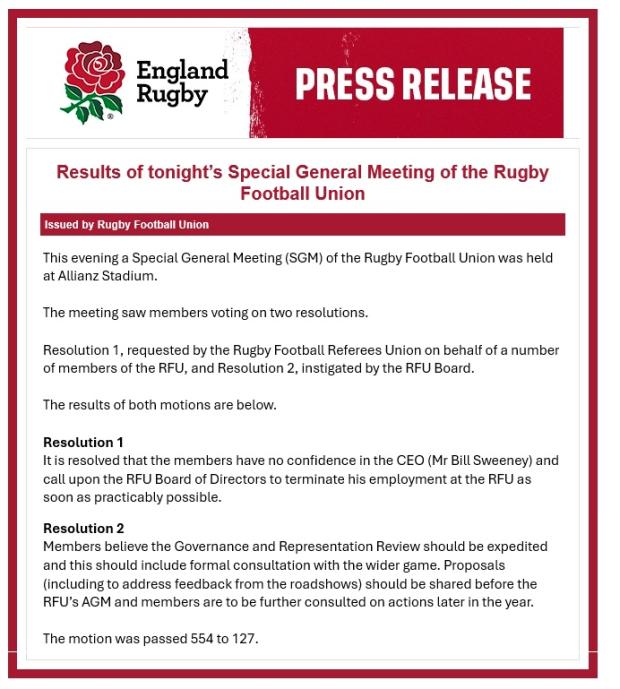 Extract from RFU statement