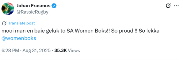'So lekka': Rassie joins the Bok Women party