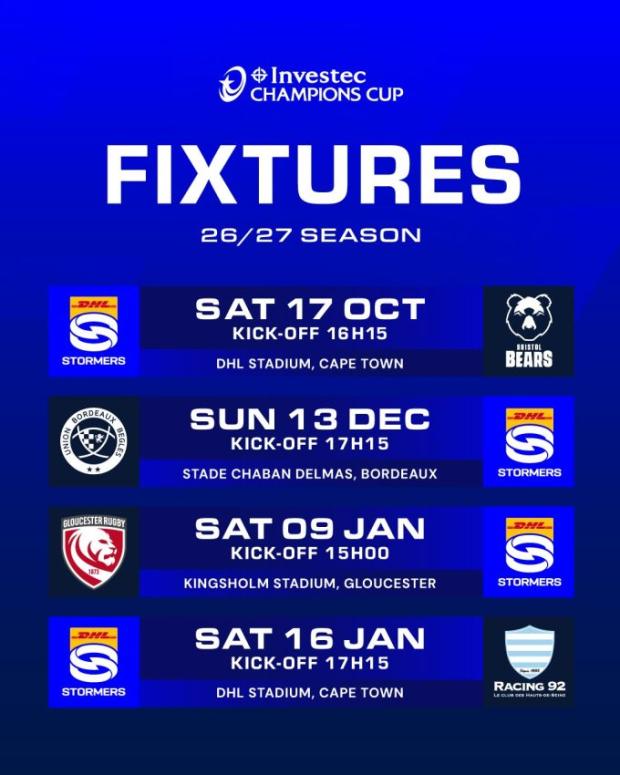Stormers Champions Cup 2026/2027 fixtures