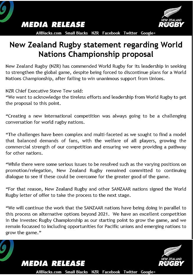 New Zealand Rugby statement