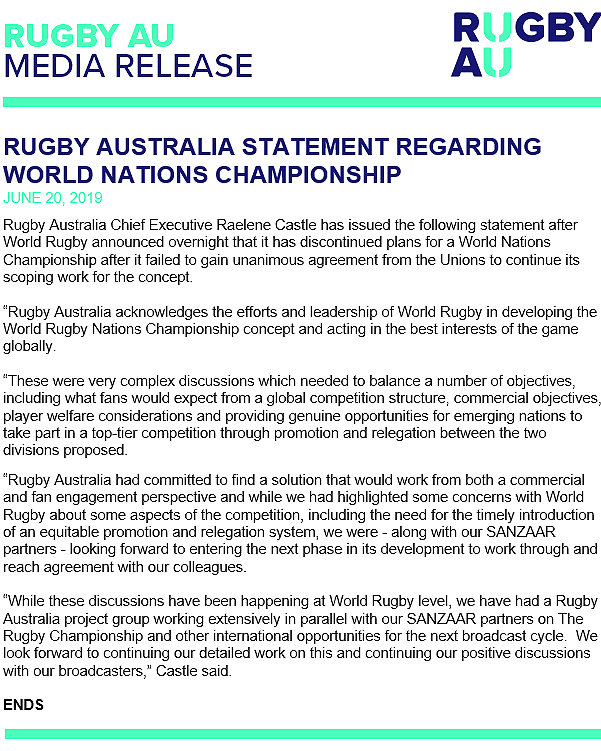 Rugby Australia statement