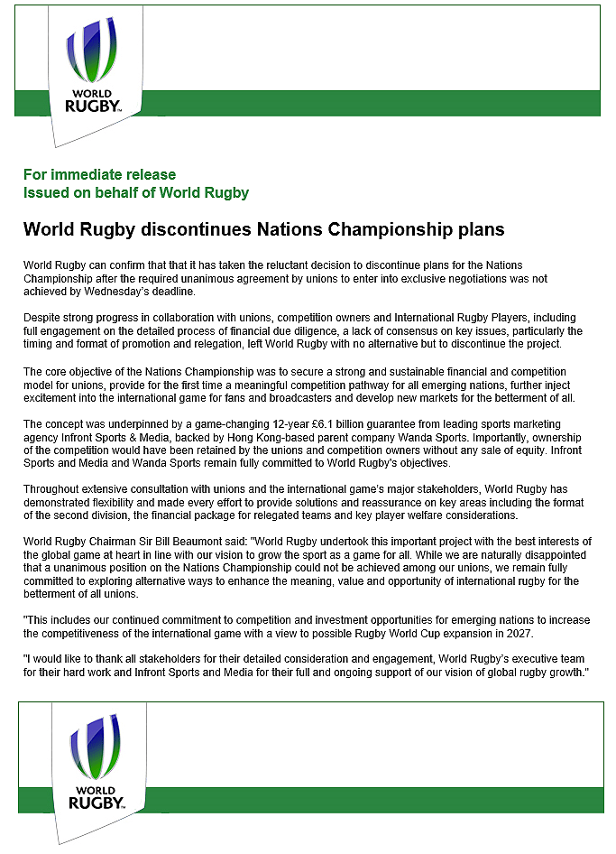 World Rugby statement